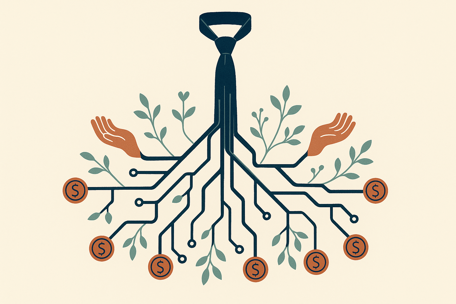 A conceptual vignette showing a neatly tied necktie unraveling into a branching 