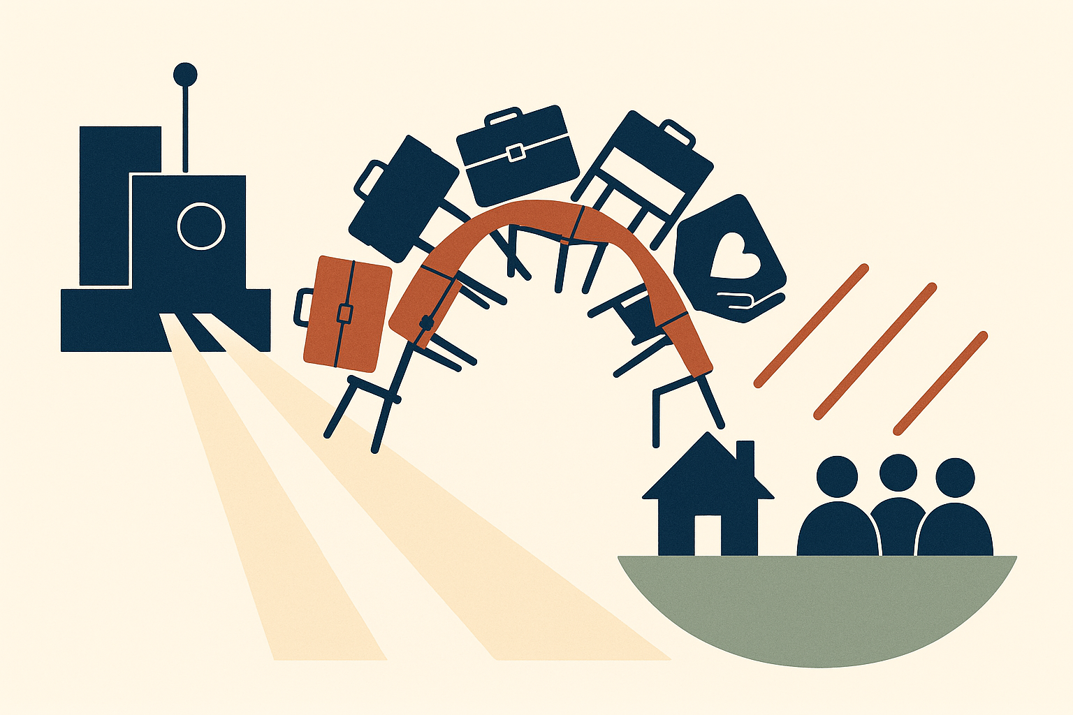 A conceptual infographic-style illustration with three balanced zones connected 