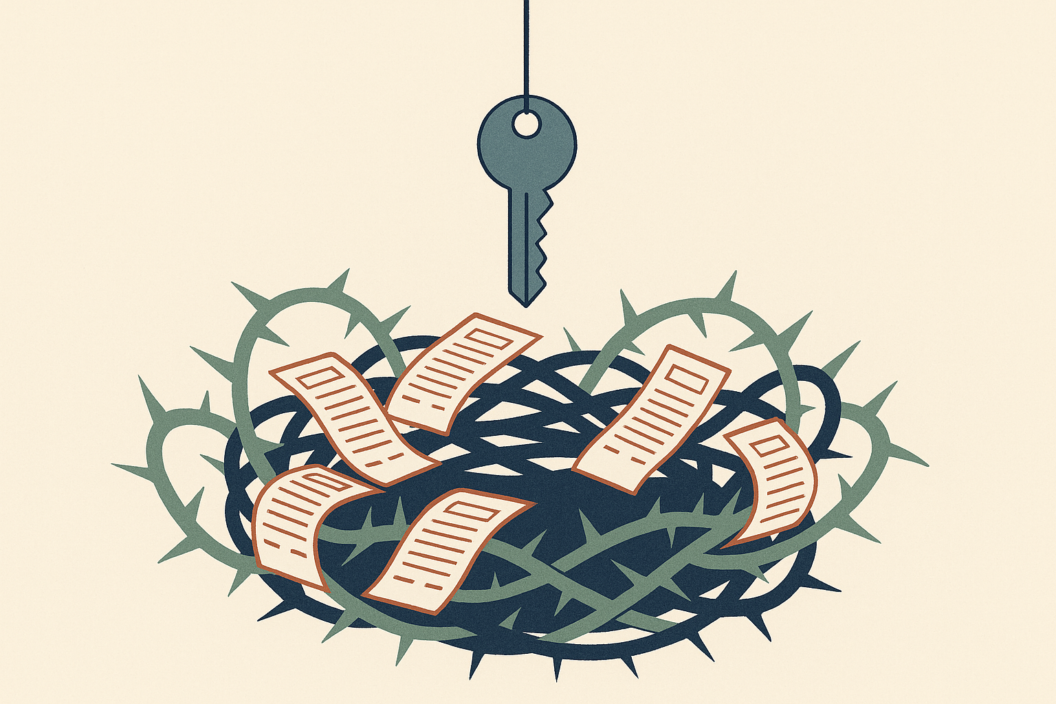 A conceptual vignette showing a suspended key hanging just above a nest made of 